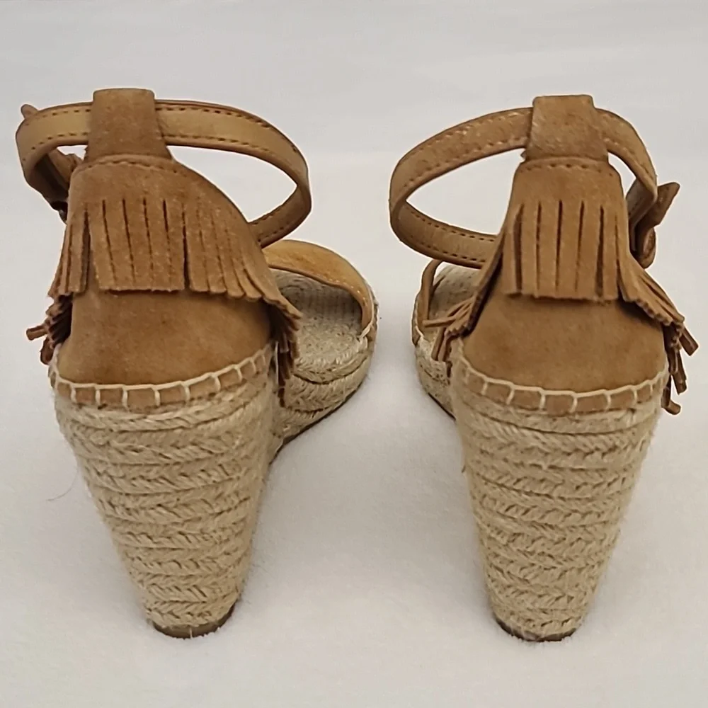 FRYE AND CO. Tan Suede Fringe Espadrille Wedge Sandals
